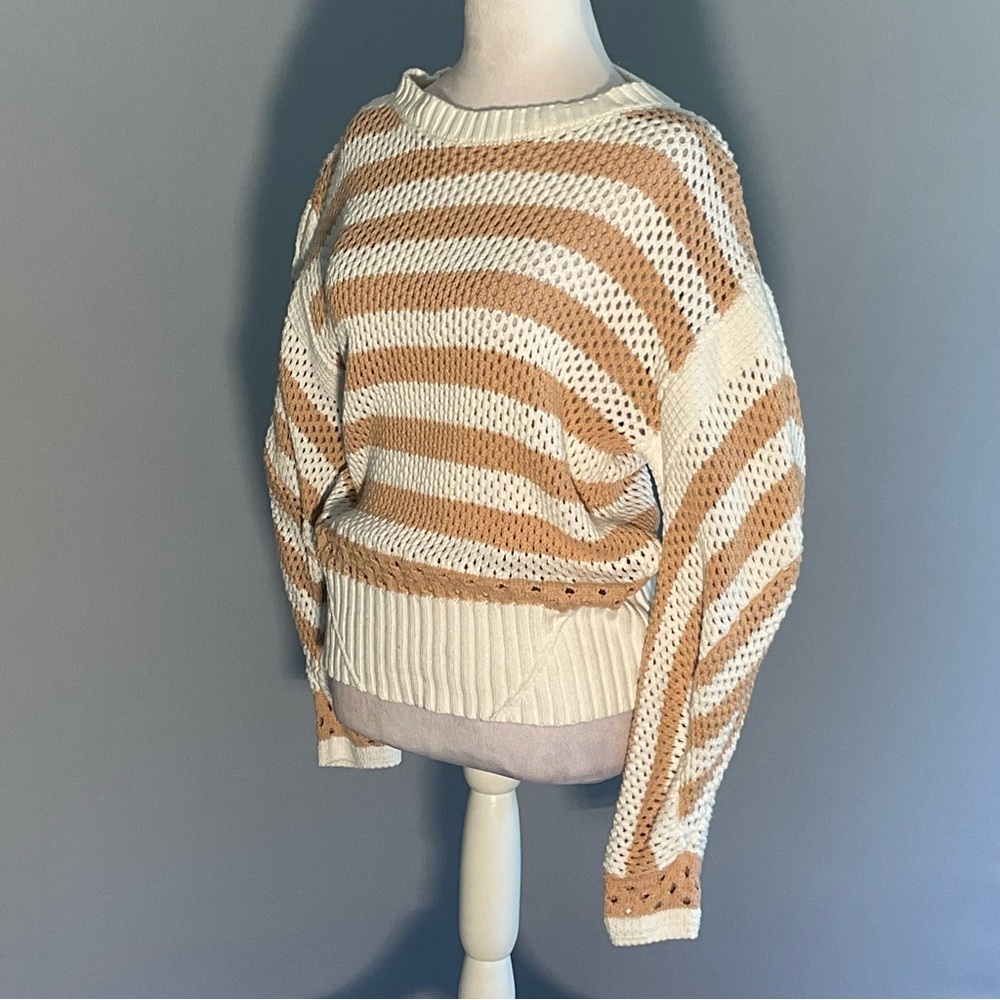 Elan Cozy Stripe Cotton Sweater XL Neutral Boho Chunky Knit Pullover - Picture 9 of 16